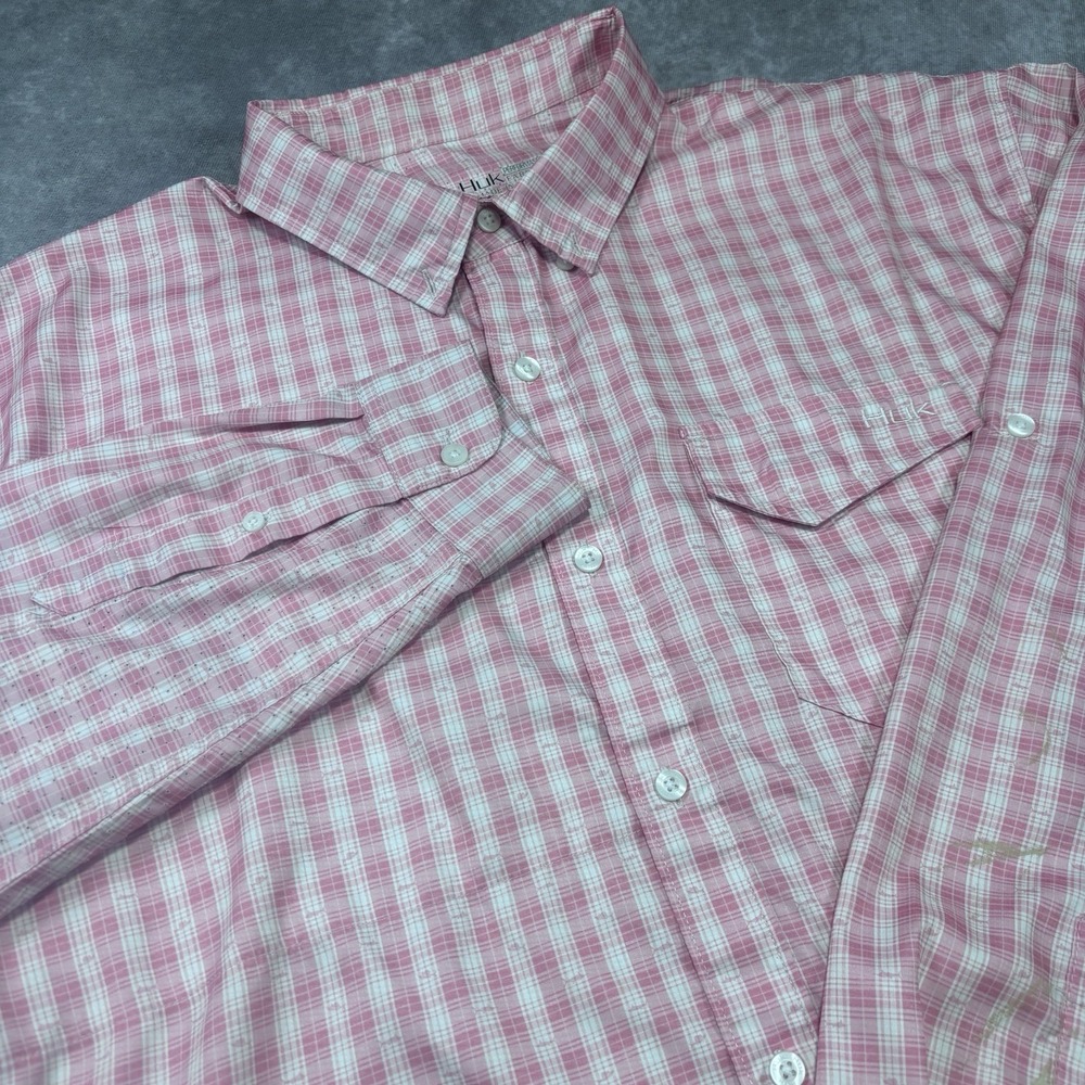 Huk Performance Men's XL Fishing Shirt Long Sleeve Pink Gingham Button Down